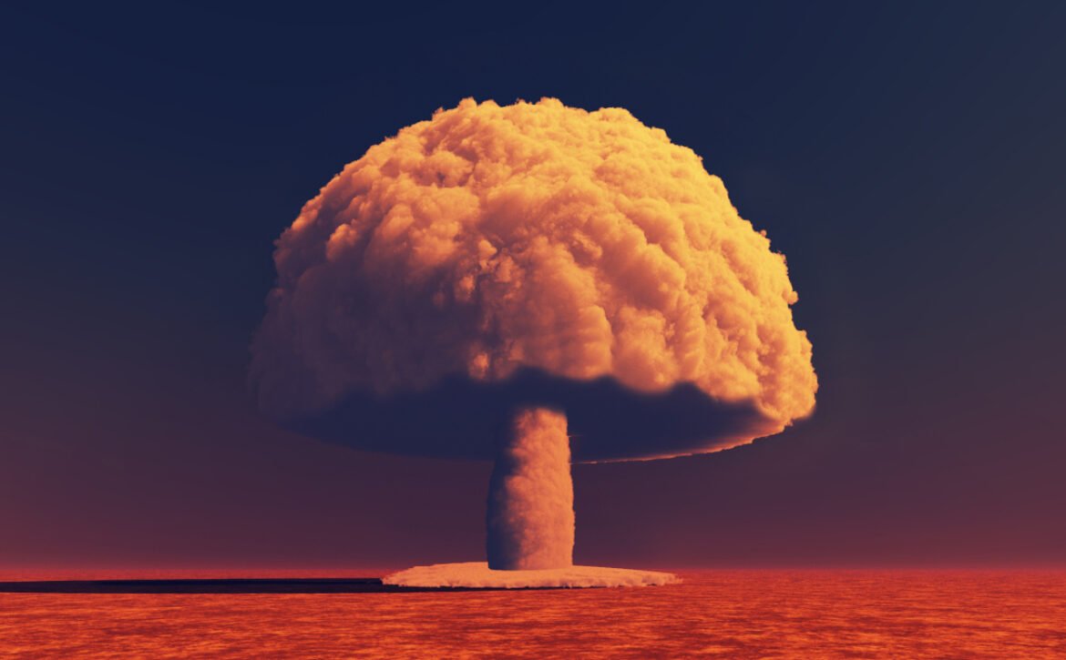 Nuclear bomb explosion . Mushroom cloud smoke . This is a 3d Illustration .